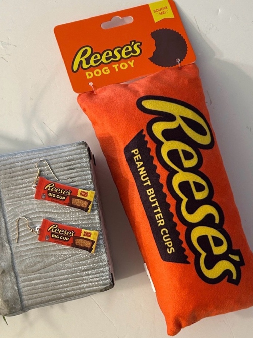 Reese's peanut butter cup dog toy and matching earrings NEW
